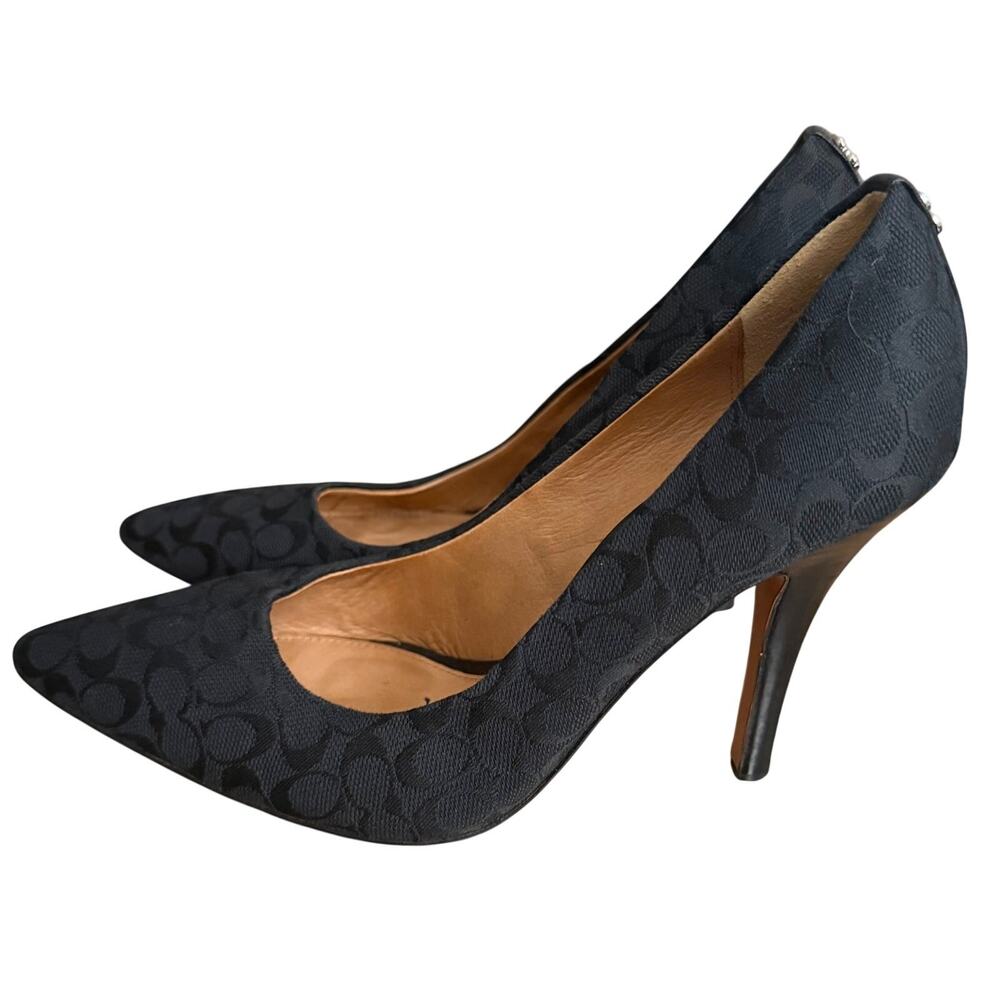 Coach Black Pointed Toe Heels Size 5.5 B Logo Fabric Kitten Heel Women Flaw - Picture 5 of 10